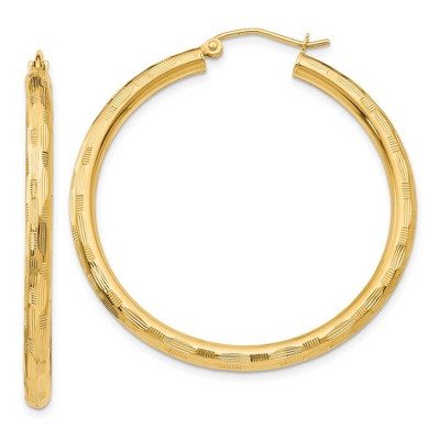 Black Bow Jewelry 3mm x 40mm 14k Yellow Gold Textured Round Hoop Earrings