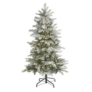 5ft. Slim Flocked Spruce Artificial Christmas Tree with 150 Warm White LED Lights and 433 Branches – Sleek Snowy X-Mas Tree - 1 of 4