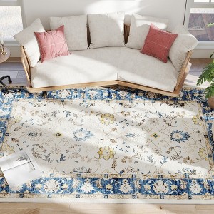 Aghana Digitals Blue Boho Floral Flannel Area Rug 4x6 - Non-Slip TPR Backing, Machine Washable, - 1 of 4