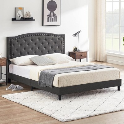 Bed Frame with Button Tufted Headboard, Fabric Upholstered Platform Bed Frame with Adjustable Headboard, Mattress Foundation, No Box Spring Needed