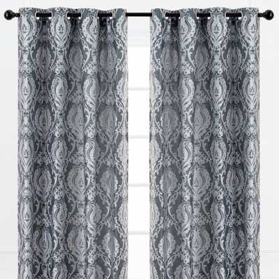 Blue Jacquard Damask Room-Darkening Grommet Curtain Panels, 52x63 Inches