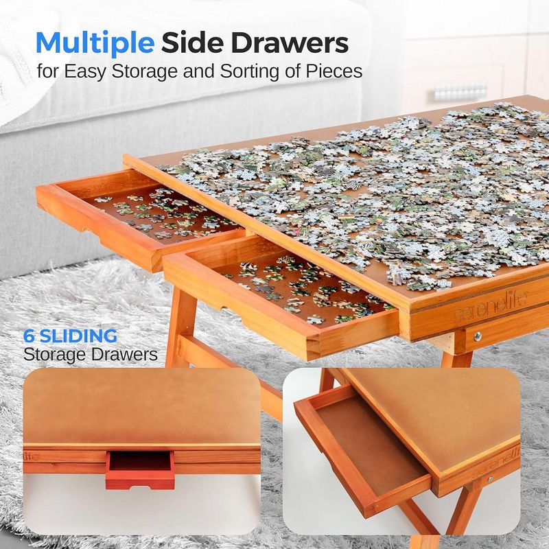 SereneLife Wooden Jigsaw Puzzle Table - Brown, 3 of 8