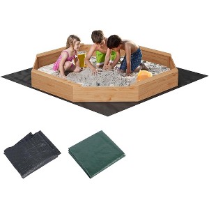 Wooden Sandbox with Benches, Protective Cover, Drainage Liner, Outdoor Play Area for 6-8 Kids - 1 of 4
