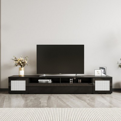 90'' Rattan Style TV Stand with Push-Open Doors, 3-Piece Console, LED Color-Changing Lights for Home Theater