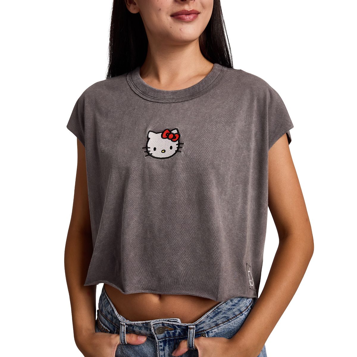 Hello Kitty Embroidered Character Face Women's Black Ram Hem Cropped Tank - thumbnail 2