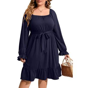 WhizMax Women's plus size Dress Casual Square Neck Dress Puff Long Sleeve Dresses High Waist Ruffle Midi Dress with Belt