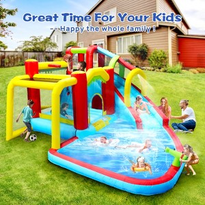 Inflatable water park,7-in-1 bouncing house,with slide,swimming pool,climbing wall,basketball,football,summer party amusement park,colorful - 1 of 4