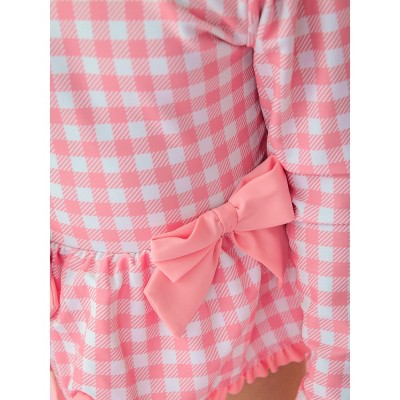 RuffleButts Girls UPF50+ Long Sleeve One Piece Bow Peplum Rash Guard Swimsuit - Bubblegum Pink Gingham, 6 — фото 6