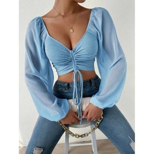 Coolmee Women's Cropped Tops Sweetheart Neck Ruched Slim Fit Lantern Long Sleeve Splicing Chiffon Square Back Front Drawstring Tie Blouses L Blue - 1 of 2