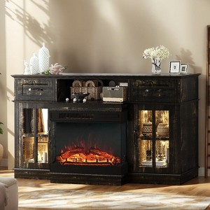 Farmhouse Black 58'' TV Stand For Tvs Up To 70'' With Electric Fireplace and Adjustable Shelves With Glass Door - 1 of 4