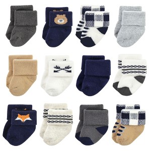 Hudson Baby Infant Boy Cotton Rich Newborn and Terry Socks, Forest 12-Pack - 1 of 4