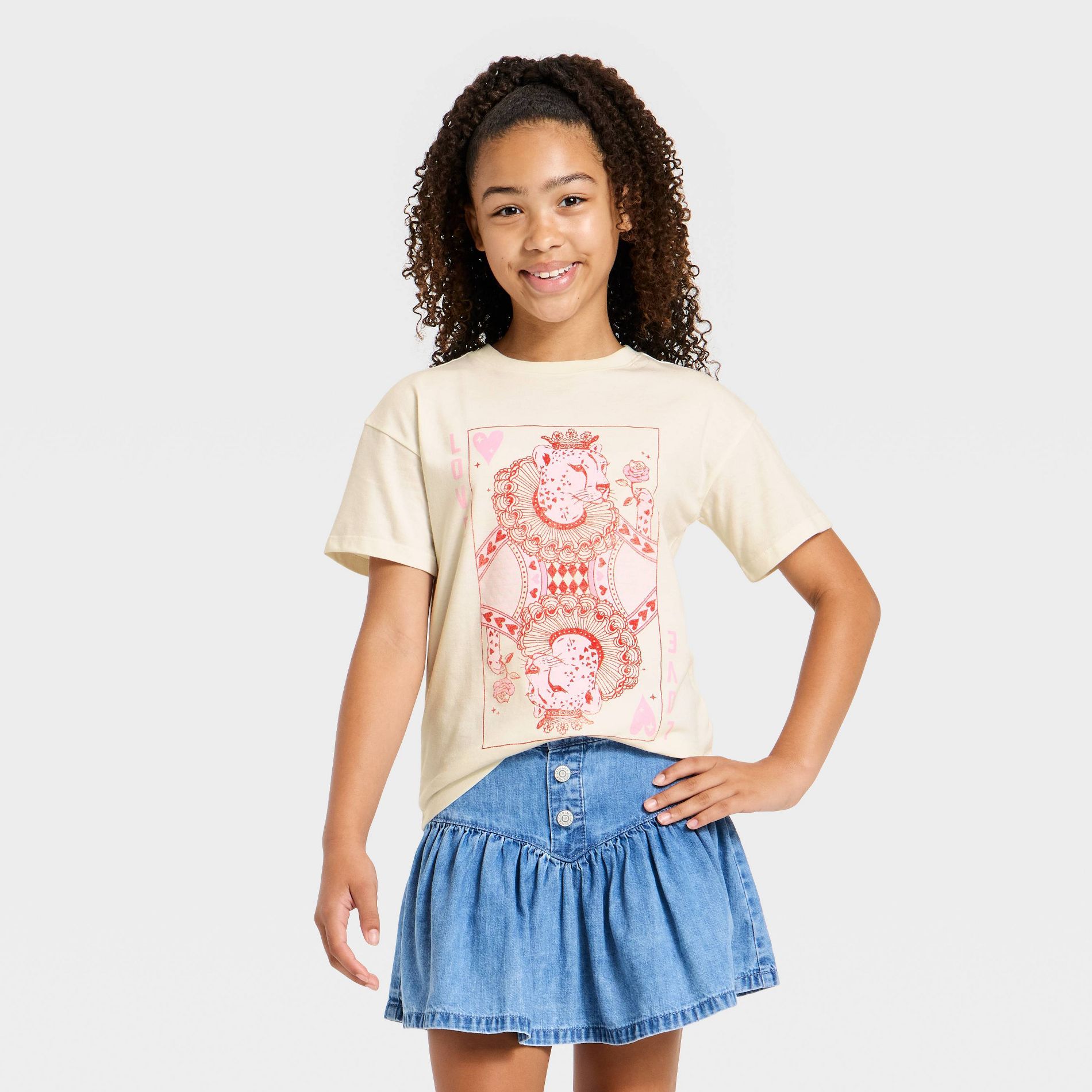 Girls' Short Sleeve Valentine's Day 'Leopard Queen' Oversized Graphic T-Shirt - Cat & Jack™ Cream