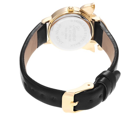 Women's Geneva Platinum Elf Face Leather Strap Watch - Black