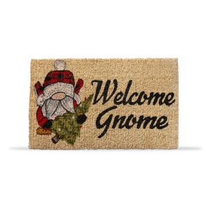 tag 1'6" x 2'6" Welcome Gnome Sentiment with Christmas Tree Rectangle Indoor Outdoor Coir Door Welcome Mat Beige Background - 1 of 2