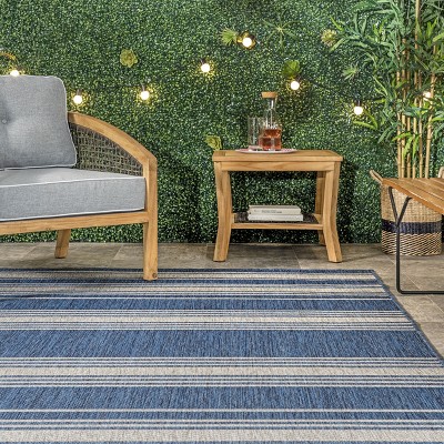 Blue and White Striped Synthetic Indoor/Outdoor Rug
