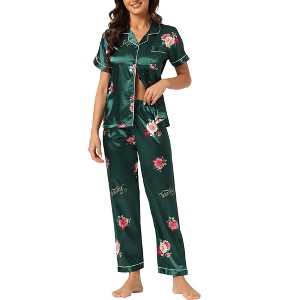 cheibear Women's Printed Short Sleeve Button Down Sleepwear with Pants Pajama Set - 1 of 4
