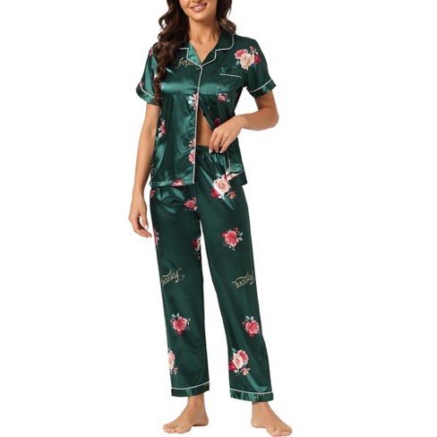 Cheibear Women's Floral Short Sleeve Button Down Sleepwear With Pants 2 Pcs  Pajama Set Green Medium : Target