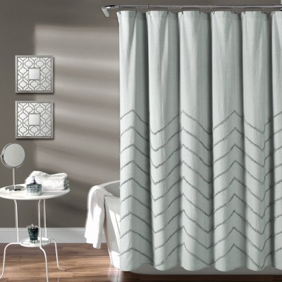 Chenille Chevron Shower Curtain Pastel Blue - Lush Décor: 100% Cotton, Machine Washable, Buttonhole Top