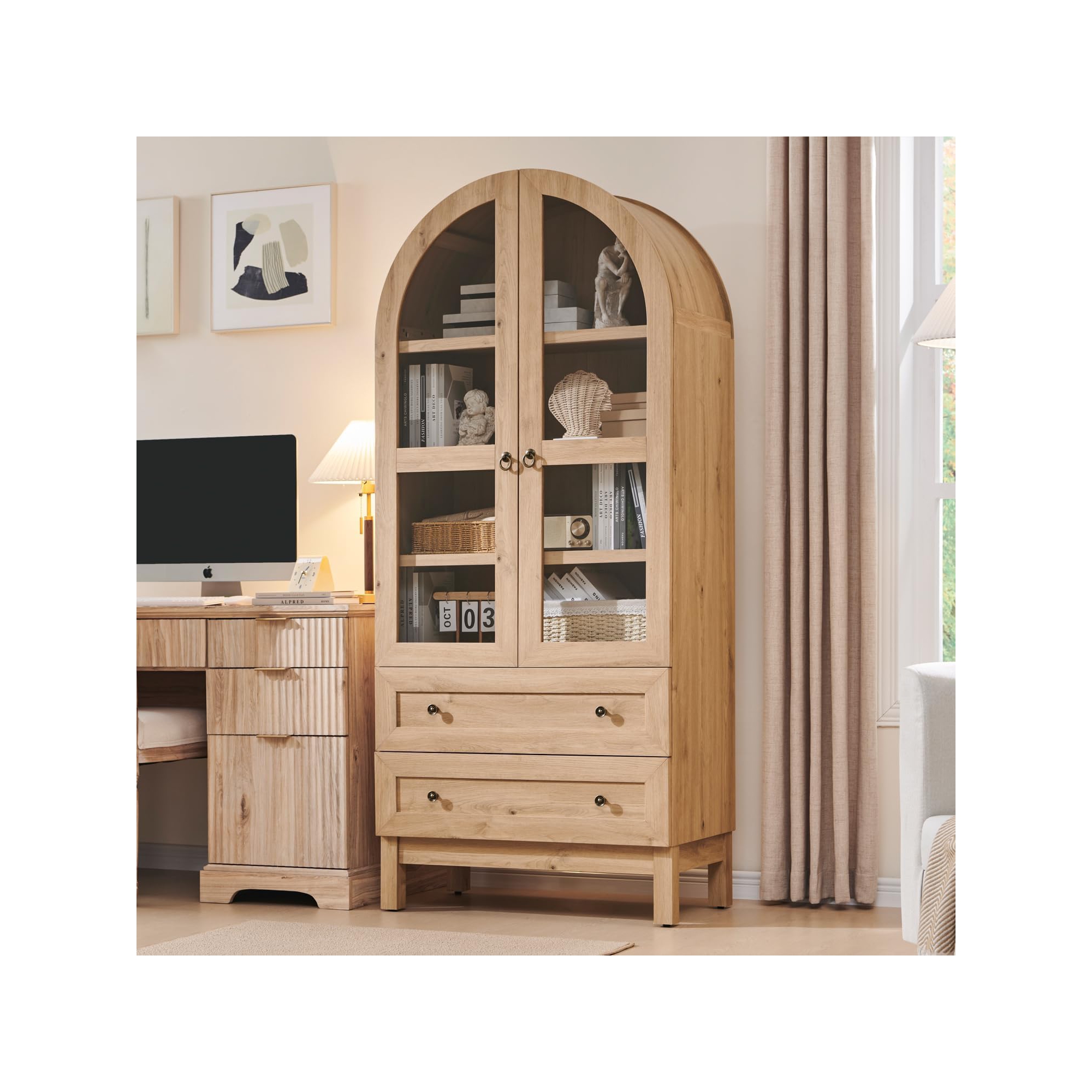71″ Tall Arched Pantry Cabinet with 2 Drawers & Adjustable Shelves & Glass Doors, Modern Farmhouse Kitchen Storage Cabinet, Natrual