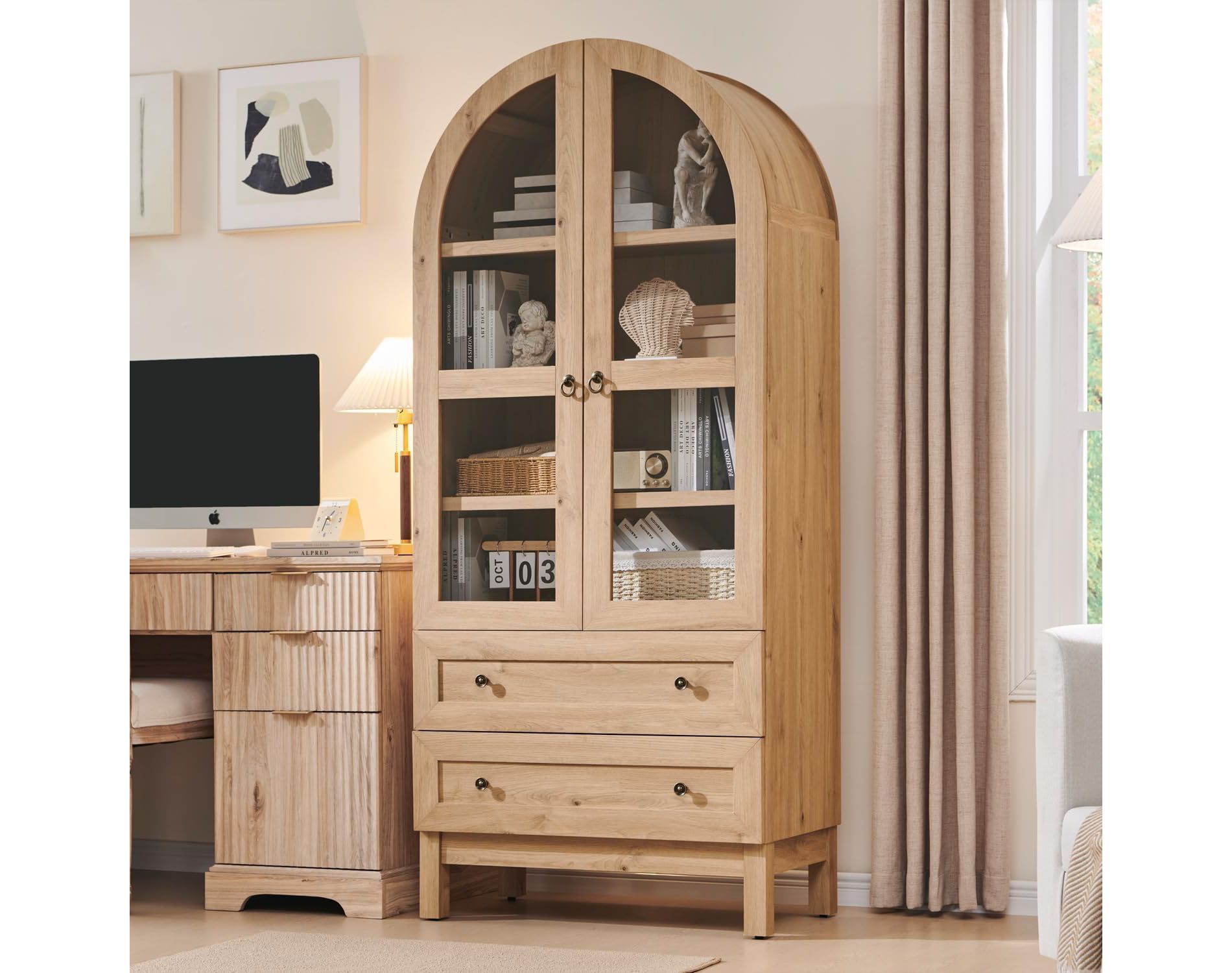 71″ Tall Arched Pantry Cabinet with 2 Drawers & Adjustable Shelves & Glass Doors, Modern Farmhouse Kitchen Storage Cabinet