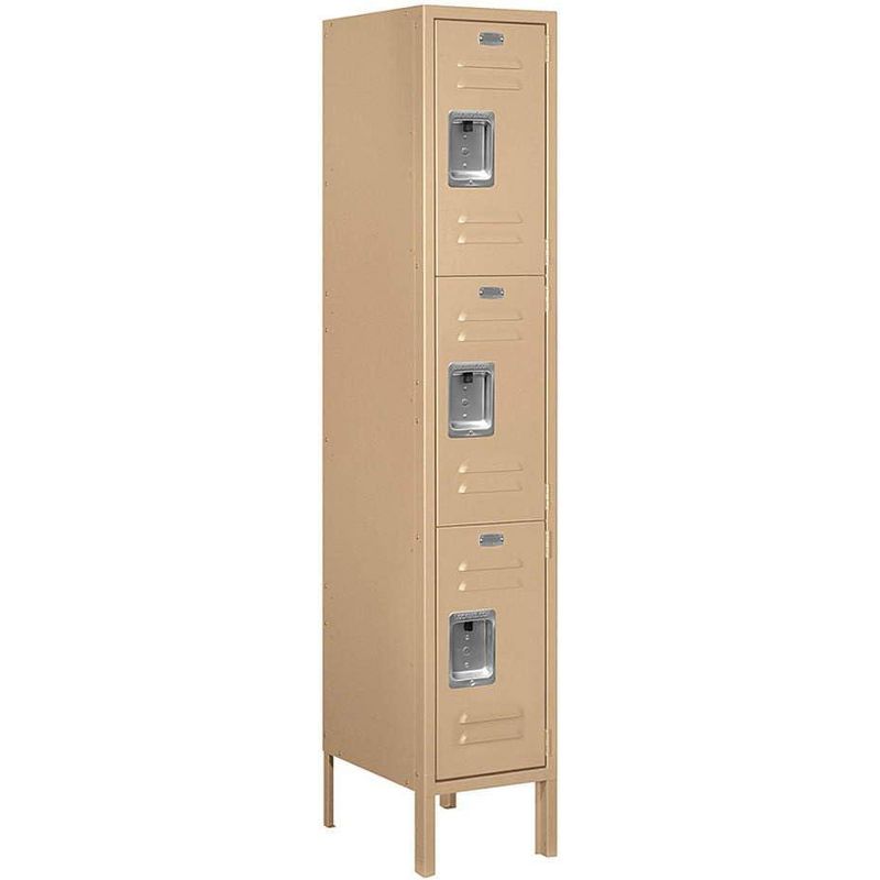 Salsbury Industries Assembled 3-Tier Standard Metal Locker with One Wide Storage Unit, 5-Feet High by 15-Inch Deep, Tan, 1 of 2