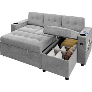 L-Shaped Sleeper Sofa Bed with Pull-Out Mattress, Storage Armrests, Cup Holders & USB, Space Saving Sectional Couch - 1 of 4