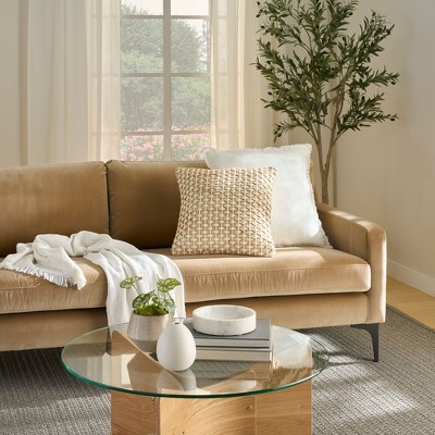 Ivory and Tan Woven Jute Cotton Euro Throw Pillow