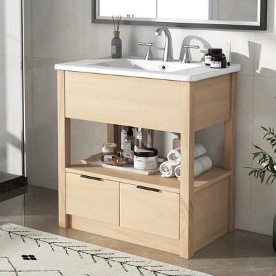 Whisen 30" Bathroom Vanity with Sink Top, Bathroom Cabinet with Open Storage Shelf and Drawers