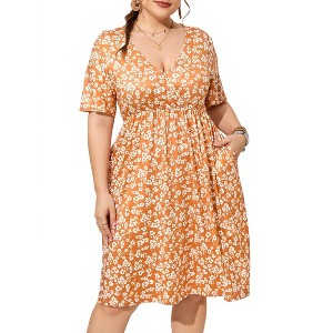 Clearlove Plus Size Dresses for Curvy Women Floral Sleeves Tiered Layers Casual Mini Dress with Pocket - 1 of 4