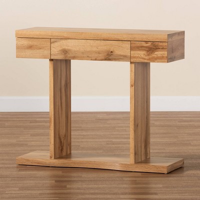 Oak Brown Finished Wood 3-Drawer Modern Console Table