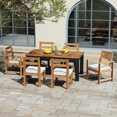 Whisen 7 Piece Patio Table and Chairs Set, Wood Dining Set with Umbrella Hole, 2 Armchairs & 4 Side Chairs