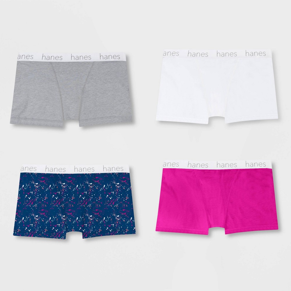 Hanes Premium Women's 4pk Boyfriend Cotton Stretch Boxer Briefs - Gray/Blue/Pink M: Mid Rise, Tagless, Knit Fabric