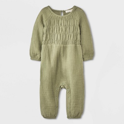 Image of Grayson Collective Baby Girls' Smocked Gauze Bubble Romper - Olive Green Newborn
