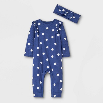 Image of Baby Girls' Dot Rib Romper with Headband - Cat & Jack™ Navy/Cream 0-3M
