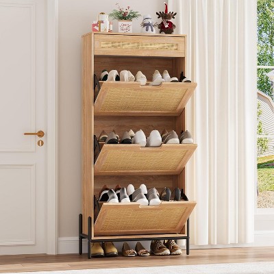 Rattan Storage Cabinet with 3 Flip Drawers,Freestanding Entry Way Shoe Storage Cabinet, Narrow Entrance Shoe Cabinets, Wood Shoe Storage