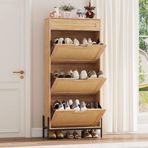 Rattan Storage Cabinet with 3 Flip Drawers,Freestanding Entry Way Shoe Storage Cabinet, Narrow Entrance Shoe Cabinets, Wood Shoe Storage - 1 of 4