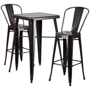 Flash Furniture Commercial Grade 23.75" Square Metal Indoor-Outdoor Bar Table Set with 2 Stools with Backs - 1 of 4