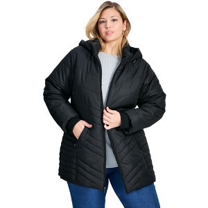 Avenue Women's Plus Size Triple Chevron Hooded Puffer Jacket - 1 of 4