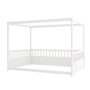 TopComfy Beds Full Size Canopy Bed Frame with Guardrails Floor Wood Canopy Bed Frame Four Poster Design for Kids, White, 79.52"*13.19"*6.7" - 1 of 4