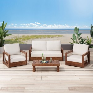 Christopher Knight Home Yena Contemporary Outdoor Acacia Wood 4 Seater Chat Set with Cushions - 1 of 4