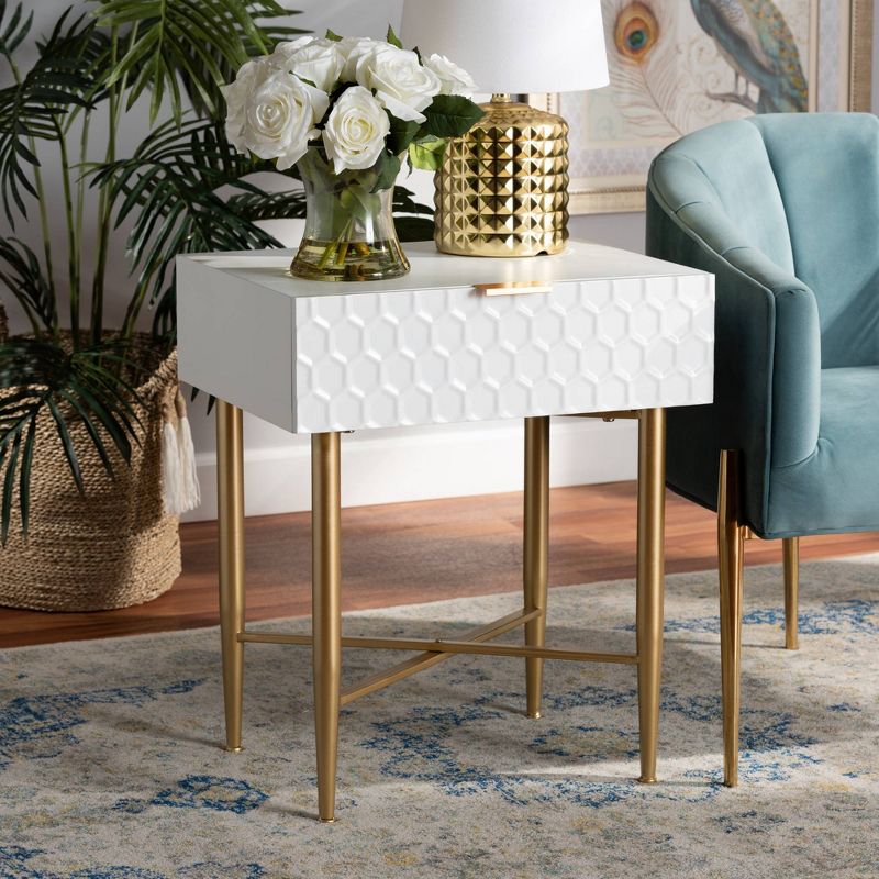 Marcin Wood and Metal 1 Drawer Nightstand White/Gold - Baxton Studio, 3 of 15