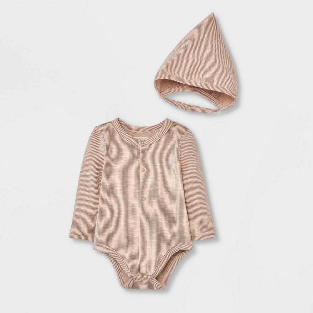 Grayson Collective Baby Long Sleeve Ribbed Bodysuit Bonnet Set - Light Brown 18M