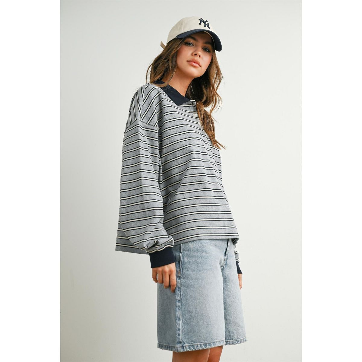 BUTTERMELON Womens Quarter-Button Striped Collared Long Sleeve Top - thumbnail 6