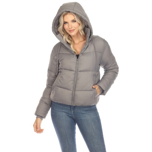 Women's Full Front Zip Hooded Bomber Puffer Jacket Grey Xlarge