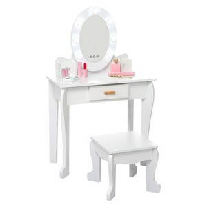 Kids Vanity Set with Lights, Pink Makeup Table with Stool and Mirror, Wooden Dresser Play Set - 1 of 4
