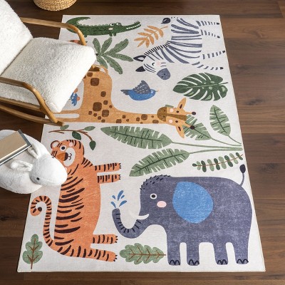 4' x 6' Red and Multicolor Synthetic Kids' Animal Print Area Rug