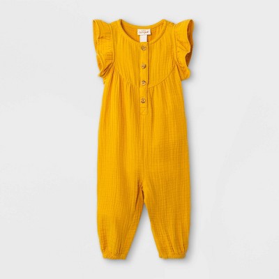 Image of Baby Girls' Gauze Romper - Cat & Jack™ Mustard Yellow 3-6M