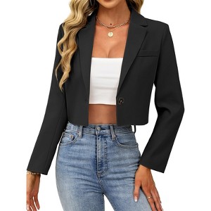 Women's Cropped Lapel Blazer - Single Button Long Sleeve Black Open Front Jacket L - 1 of 4