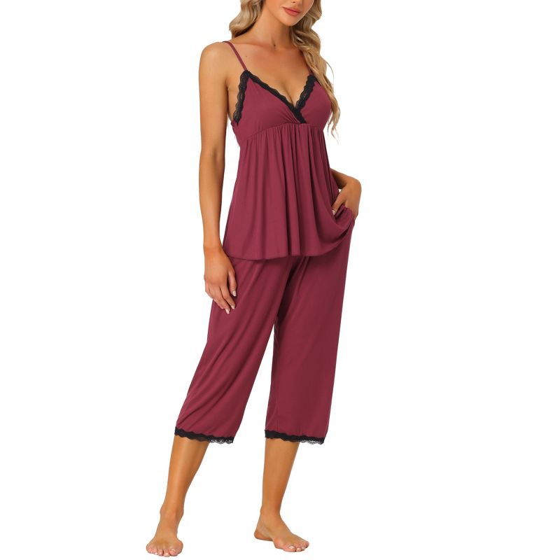 cheibear Womens Sleepwear Modal V-Neck Camisole with Capri Pants Pajama Set, 1 of 6