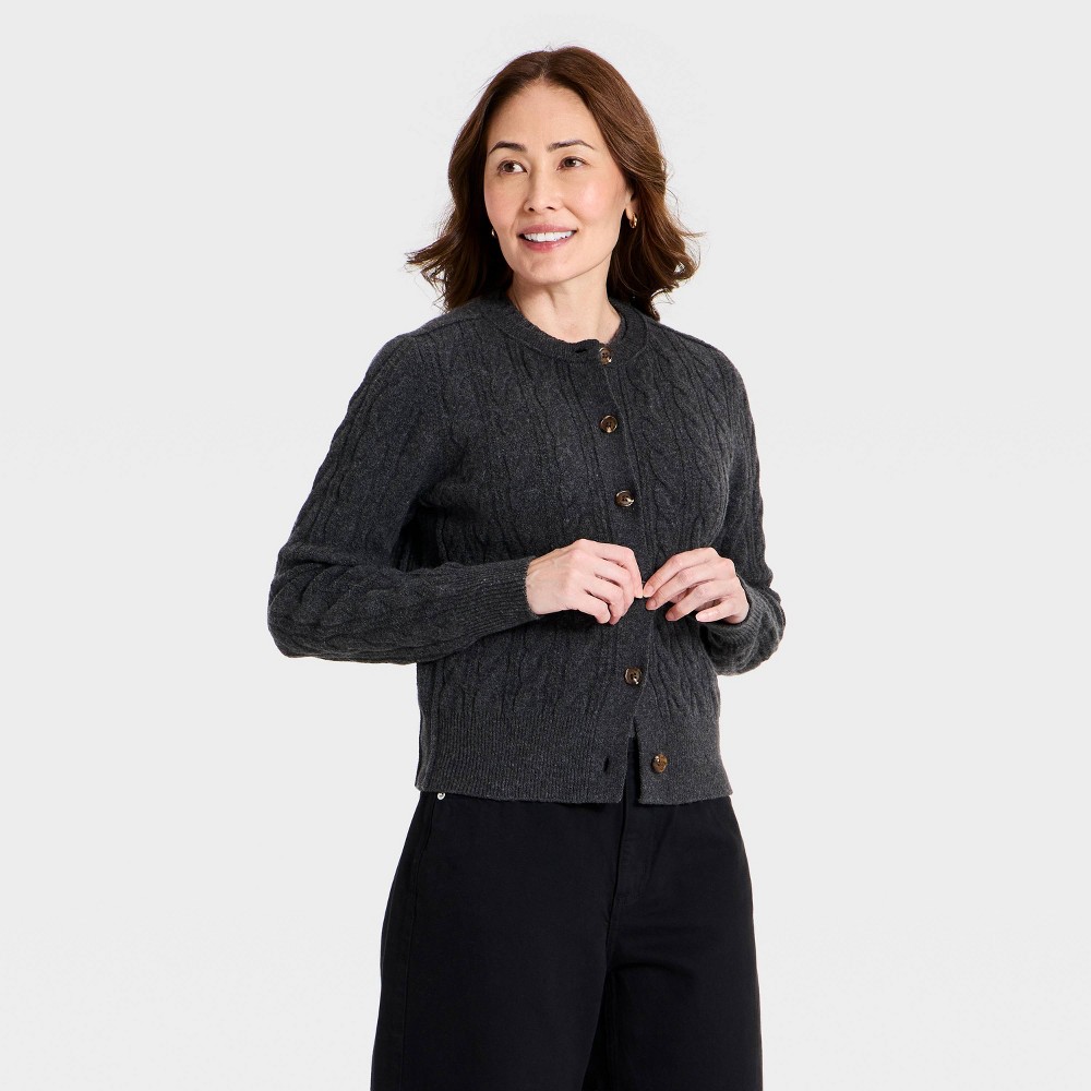 Women's Heritage Cable Crewneck Cardigan - Universal Thread™ Charcoal Gray XS